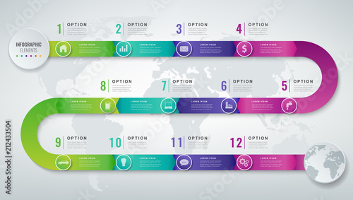 Abstract 3D infographic template with 12 options. Business presentation concept. Vector