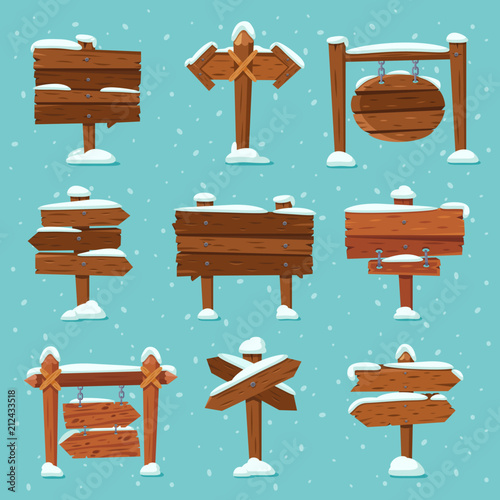 Cartoon snowed signpost. Christmas wooden signpost with snowcap. Arrows on snow and direction signs with icicles on top vector set