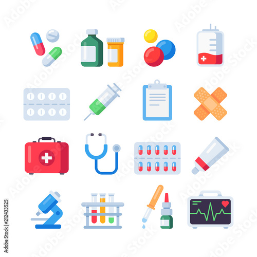 Flat pill icons. Medication dose of drug for treatment. Medicine bottle and pills in blister packs cartoon icon set
