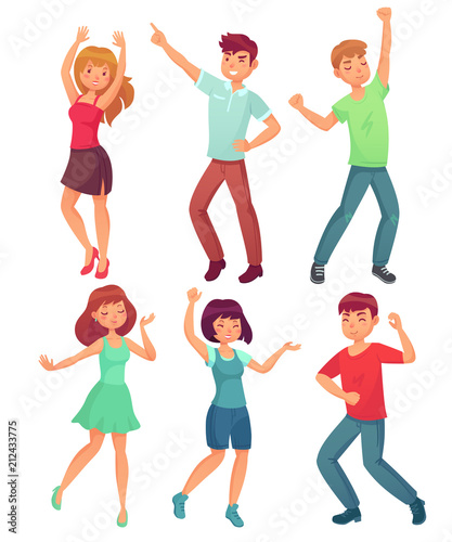Cartoon dancing people. Happy dance of excited teenager, young women men character at party. Celebrating dances vector set