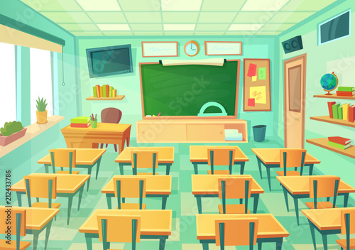 Empty cartoon classroom. School room with class chalkboard and desks. Modern mathematical classrooms interior vector illustration