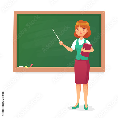 Chalkboard and teacher. Female professor teach at blackboard. Lessons woman teachers at school board cartoon vector illustration