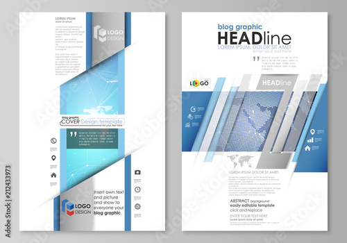The abstract minimalistic vector illustration of the editable layout of two modern blog graphic pages mockup design templates. Abstract global design. Chemistry pattern, molecule structure.
