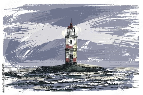 lighthouse on an island in the open sea. color illustration
