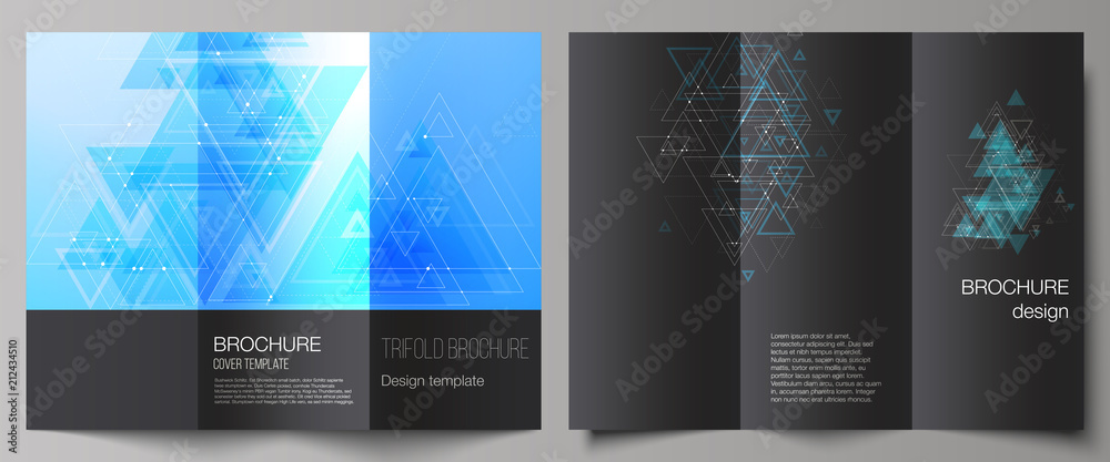 The minimal vector illustration of editable layouts. Modern covers design templates for trifold brochure or flyer. Polygonal background with triangles, connecting dots and lines. Connection structure.