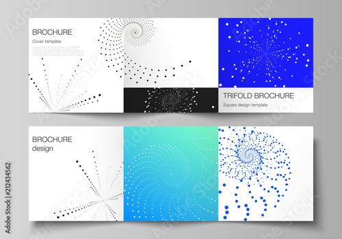 The minimal vector illustration of editable layout. Modern creative covers design templates for trifold square brochure or flyer. Geometric technology background. Abstract monochrome vortex trail.