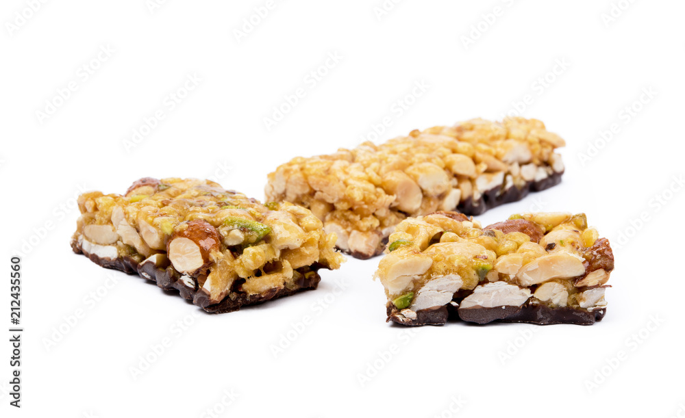 Nut bar with chocolate isolated on white background Nut bar with chocolate isolated on white background