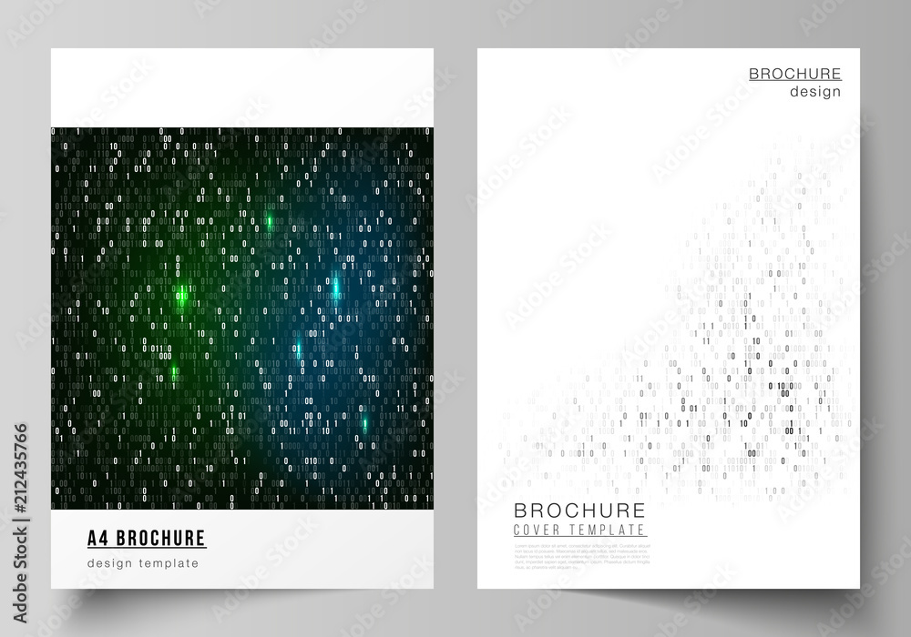 Vector layout of A4 format cover mockups design templates for brochure, magazine, flyer, booklet, report. Binary code background. AI, big data, coding or hacker concept, digital technology background Vector layout of A4 format cover mockups design templates for brochure, magazine, flyer, booklet, report. Binary code background. AI, big data, coding or hacker concept, digital technology background