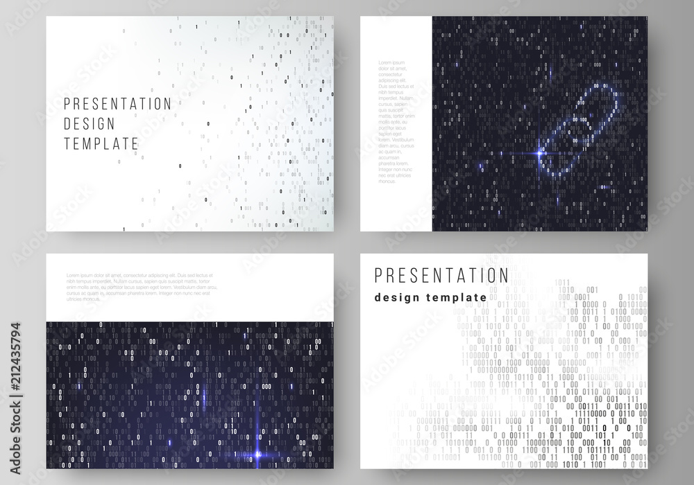 The minimalistic abstract vector layout of the presentation slides design business templates. Binary code background. AI, big data, coding or hacker concept, digital technology background.