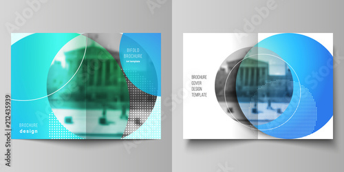 The vector layout of two A4 format cover mockups design templates for bifold brochure, magazine, flyer, booklet, annual report. Creative modern bright background with colorful circles and round shapes