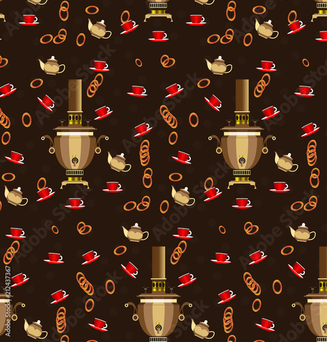 Pattern samovar cups of tea and Bagels for tea