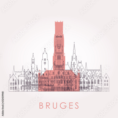 Outline Bruges skyline with landmarks. Vector illustration. Business travel and tourism concept with historic buildings. Image for presentation, banner, placard and web site.