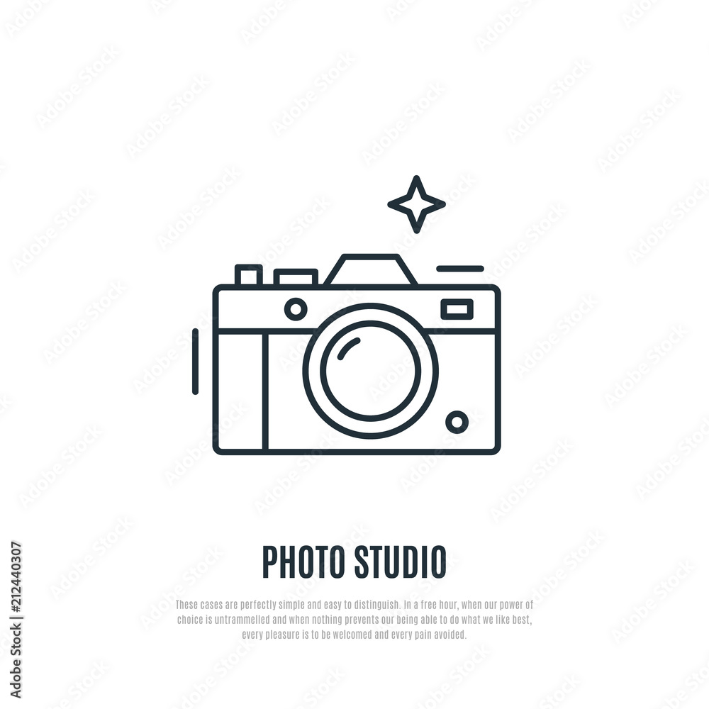 Vector illustration of Camera. Line art style. Photography equipment. Black and white line icon. Vector illustration of Camera. Line art style. Photography equipment. Black and white line icon.
