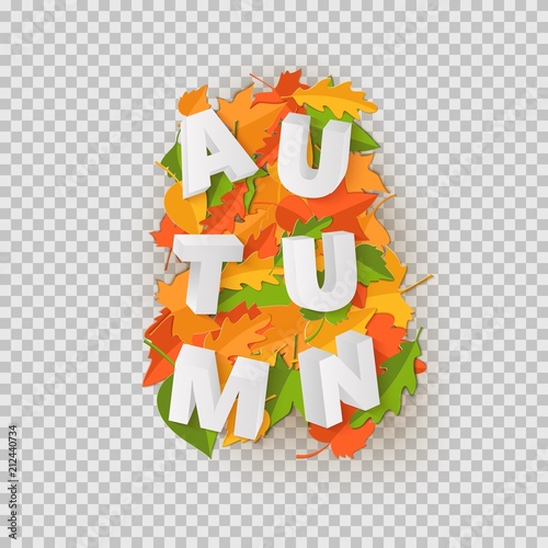 Word AUTUMN composition with green yellow red leaves with shadow in paper cut style. Fall craft leaf 3d realistic letters for design poster, banner, flyer T-shirt printing. Vector illustration