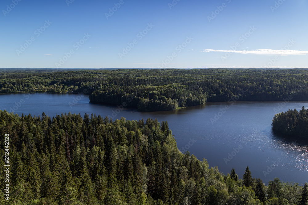 Scenic view of a lake and forests from Aulanko lookout tower in Hämeenlinna, Finland, on a sunny day in the summer.