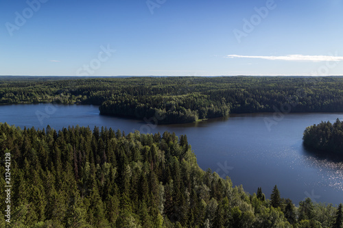 Scenic view of a lake and forests from Aulanko lookout tower in Hämeenlinna, Finland, on a sunny day in the summer. © tuomaslehtinen