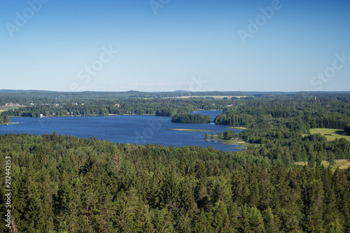 Scenic view of a lake and forests from Aulanko lookout tower in Hämeenlinna, Finland, on a sunny day in the summer. Copy space.