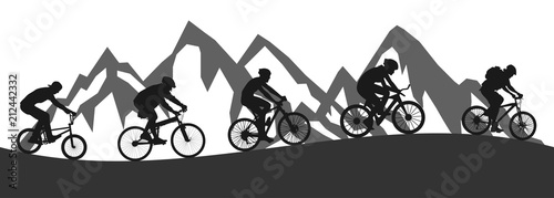 Healthy lifestyle, group of five cyclists riding in mountain - stock vector