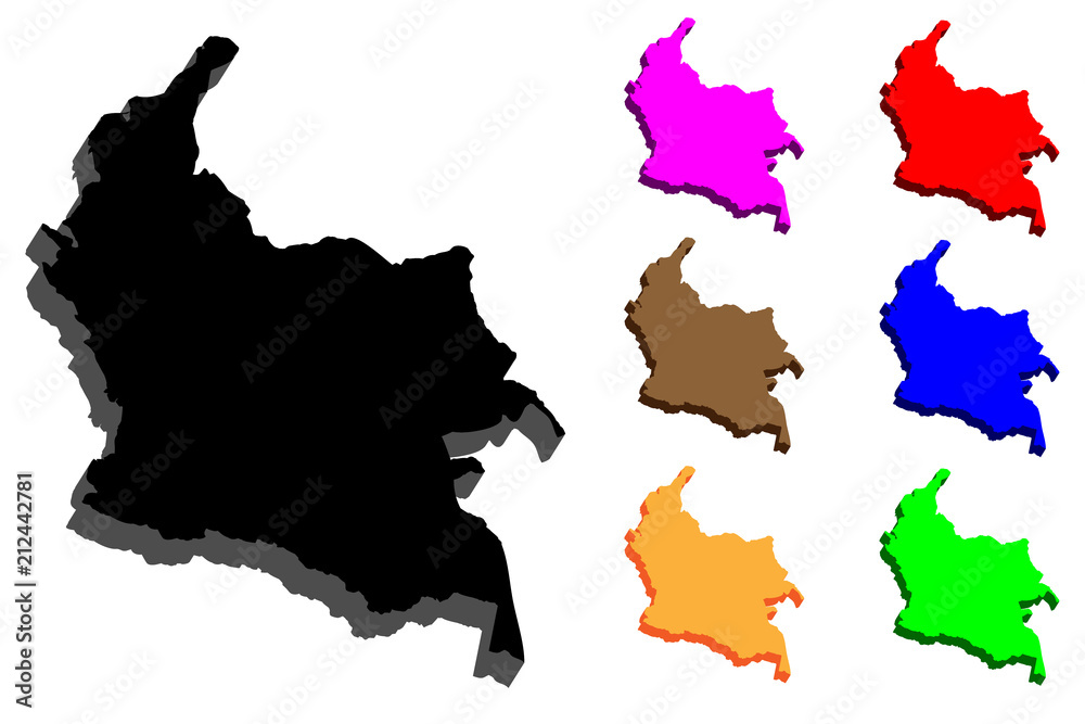 3D map of Colombia (Republic of Colombia) - black, red, purple, orange, brown, blue and green - vector illustration
