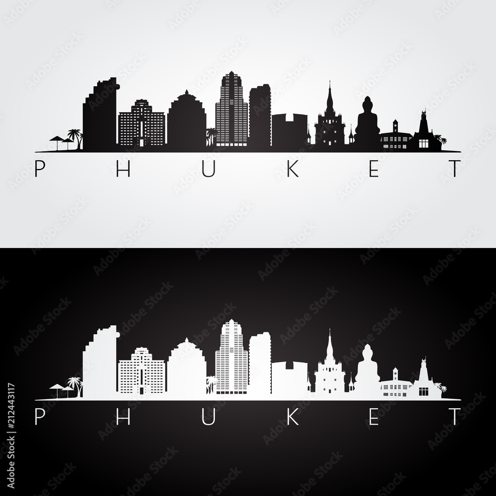 Phuket skyline and landmarks silhouette, black and white design, vector illustration.