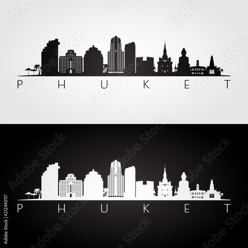 Phuket skyline and landmarks silhouette  black and white design  vector illustration.