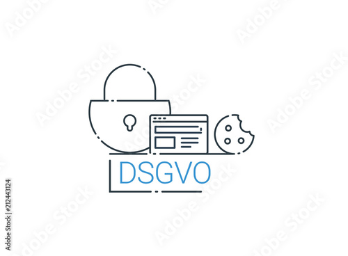 DSGVO, General Data Protection Regulation, germany. Digital and internet symbols in front of DSGVO letters. Concept vector illustration. Flat style. Icons lock, cookie, website