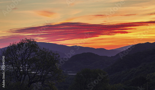 Colorful Dawn Sky over Snowdonia Mountains