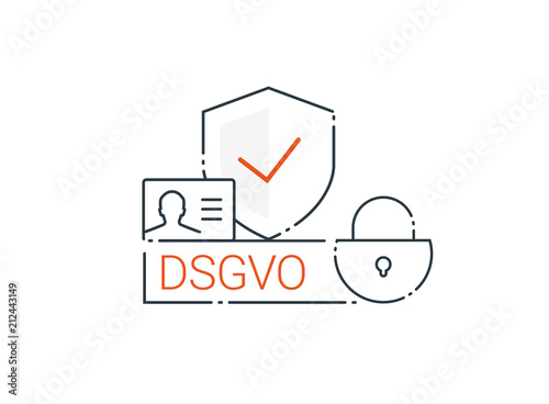 DSGVO, General Data Protection Regulation, germany. Digital and internet symbols in front of DSGVO letters. Concept vector illustration. Flat style. Icons shield, account, lock