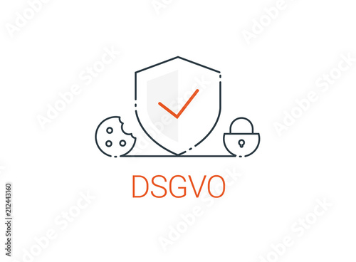 DSGVO, General Data Protection Regulation, germany. Digital and internet symbols in front of DSGVO letters. Concept vector illustration. Flat style. EU, cookie, lock, shield