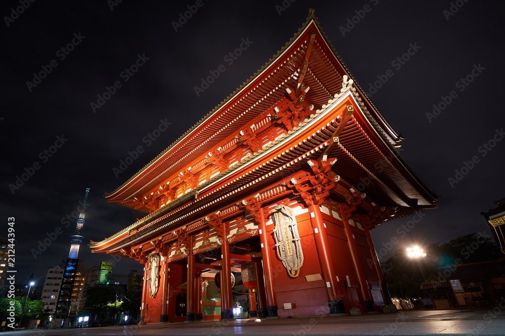 A large red lamp in Sensoji Temple, Japan. Also known as Shrine of Asakusa Night photography It is a famous tourist destination of Japan.