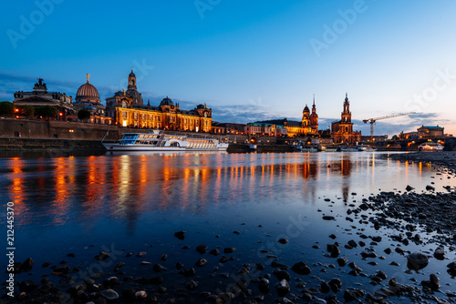 Dresden Old Town architecture with Elbe river embankment at night, Saxony, Germany.