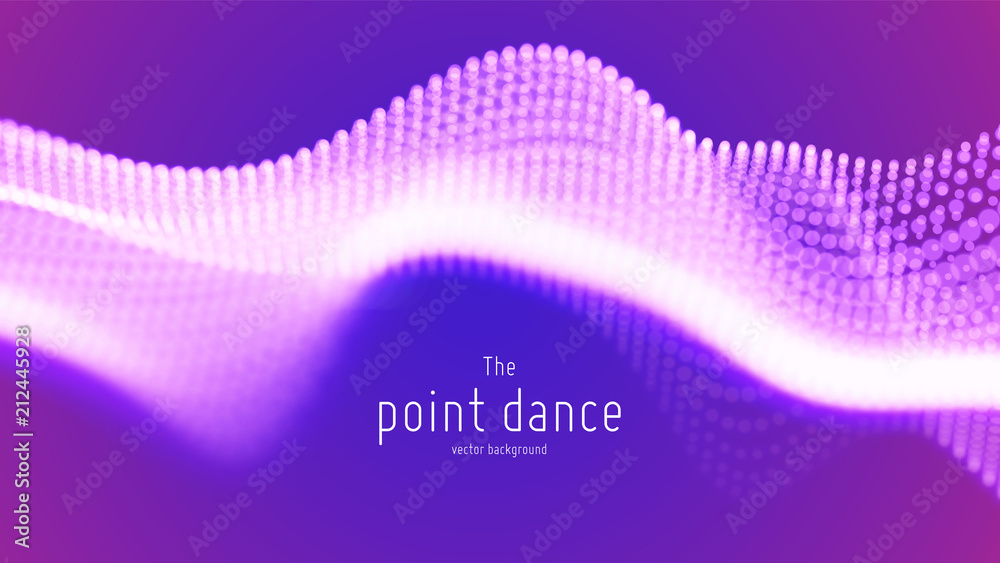Vector abstract violet particle wave, points array, shallow depth of field. Futuristic illustration. Technology digital splash or explosion of data points. Point dance waveform. Cyber UI, HUD element.