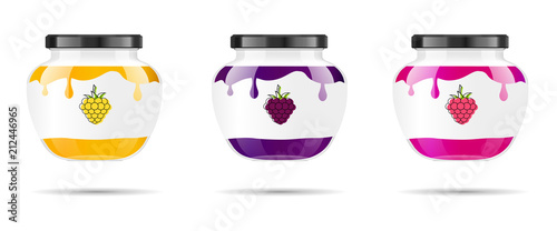 Glass jar with jam and configure with blackberry and raspberry. Vector illustration. Packaging collection. Label for jam. Bank realistic. Mock up glass jar with design label and logo.