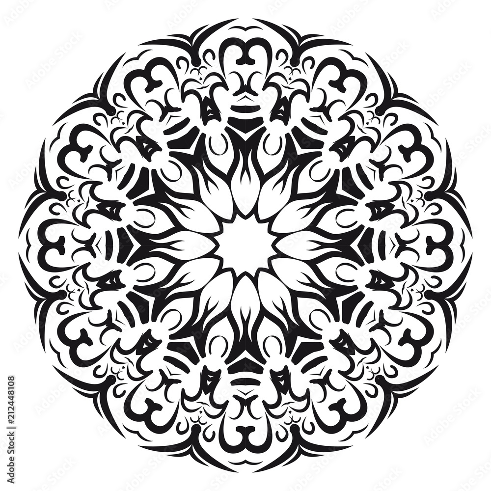 gold color round mandala on black background. vector illustration. for relax, tatoo, invitation.