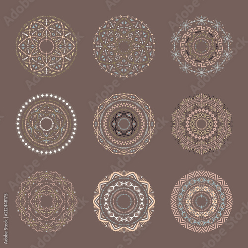 Brown vector set of 9 mandalas in tribal style.