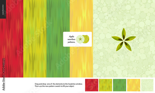 Food patterns, flat vector illustration - apple texture, small half of green apple image, five seamless patterns of apple red, light green, dark green and yellow rind, white greenish pulp with seeds