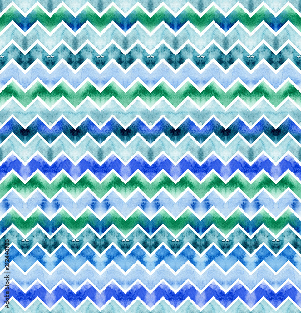 Seamless geometric watercolor blue and emerald herringbone pattern on paper texture. Trendy abstract hand-painted aquarelle background.