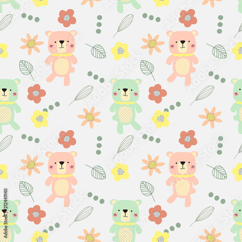 Cute bear and flowers seamless pattern vector.
