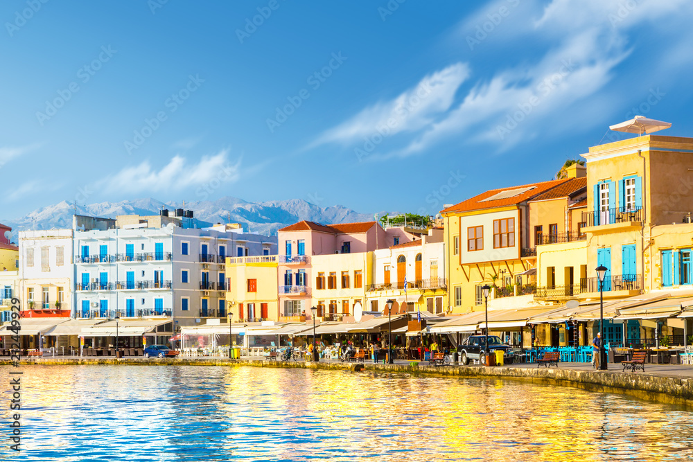 View of the old port of Chania, Crete Island, Greece.