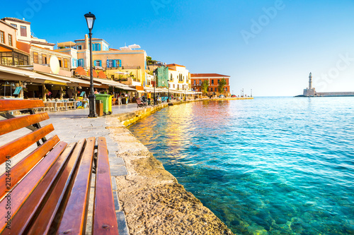 View of the old port of Chania, Crete Island, Greece. photo
