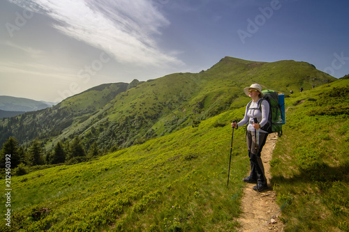 A girl hikers in the Carpathian mountains. Ukraine