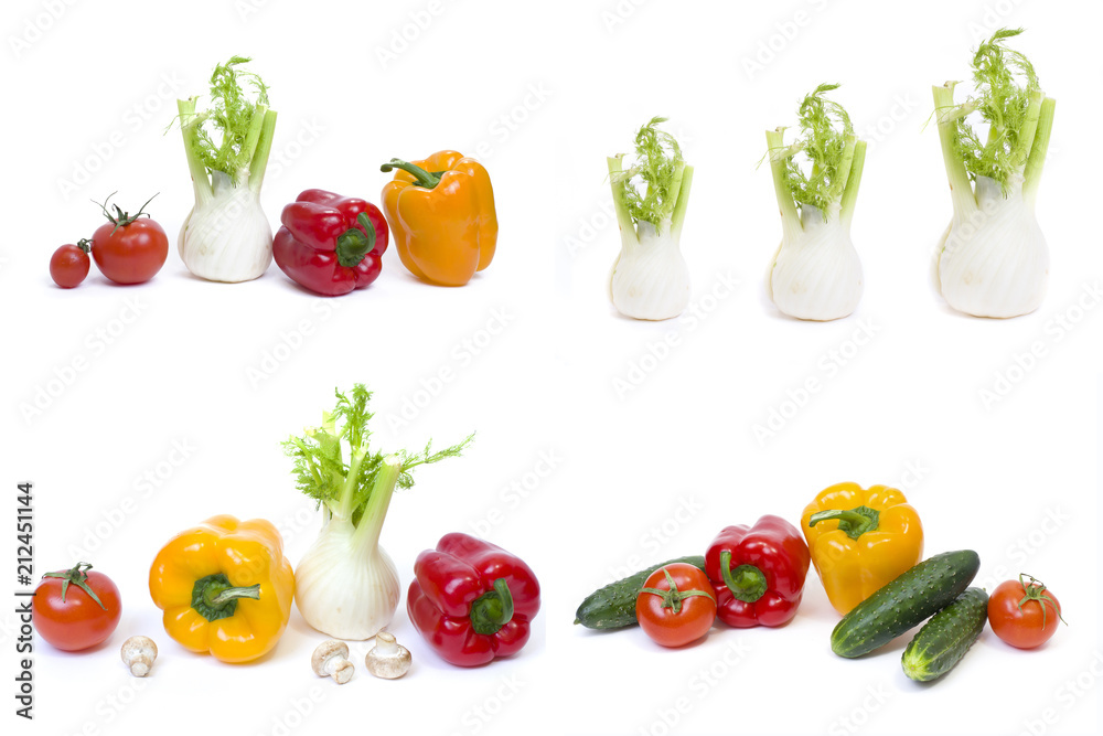 Root of parsley of red pepper with yellow pepper and tomatoes on white background. Root of parsley of red pepper with yellow pepper and tomatoes on white background.