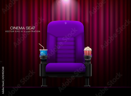 Cinema seat.Theater seat on curtain with spotlight background