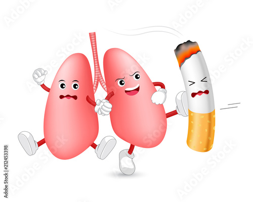 Cartoon lung character attacking the cigarette. Smoking is harmful to human lung. Resulting in organ damage and premature. World No Tobacco Day.