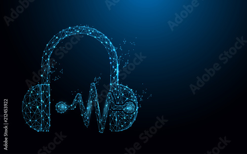 Headphone and sound waves form lines, triangles and particle style design. Illustration vector