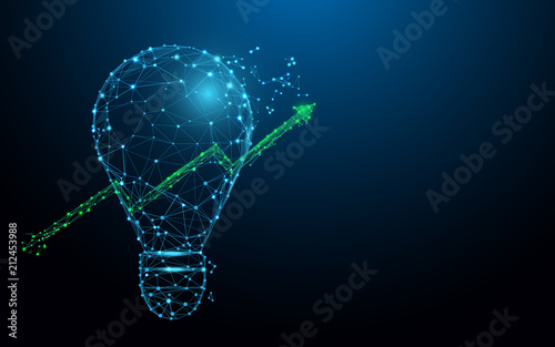 Light bulb and growing graph form lines, triangles and particle style design. Illustration vector