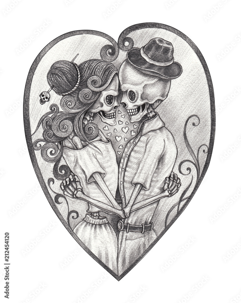 Art Couple Skulls in love Tattoo.Hand pencil drawing on paper ...