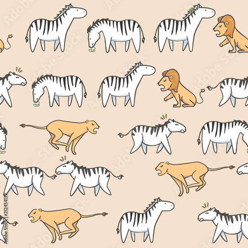 Fototapeta Naklejka Na Ścianę i Meble -  Seamless pattern Cute zebra, tiger and lion cartoon with hand drawn style
