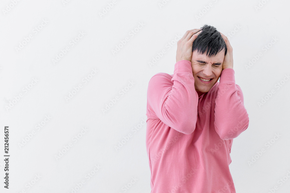 caucasian man stressful and hand touch head headpain action on white background caucasian man stressful and hand touch head headpain action on white background