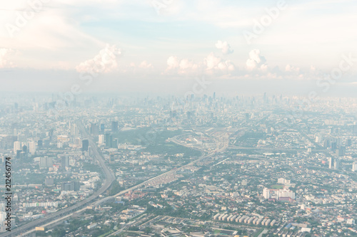 Aerial view of Bangkok metropolis on haze day. Thailand.